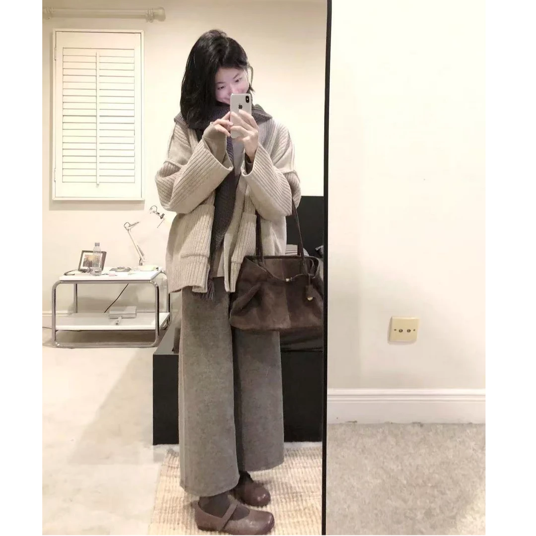 秋冬慵懒风外翻缝线V领宽松外套女肌理感设计显瘦百搭气质裤子