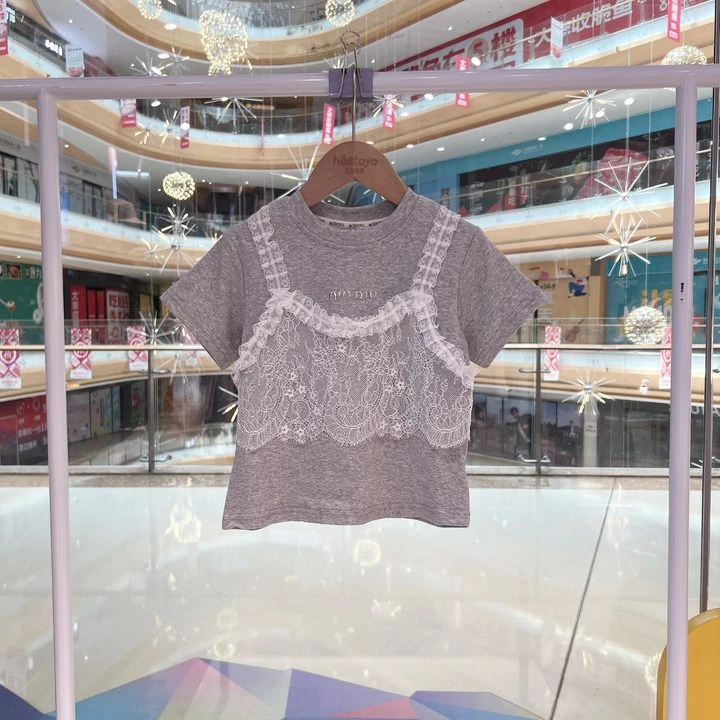 皇室童缘2025夏季女童欧若风亲子款蕾丝吊带假两件T恤17680235017