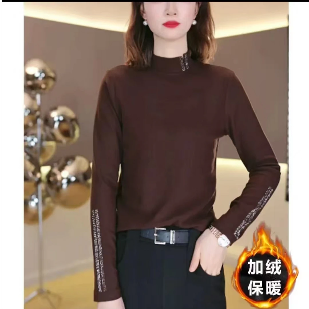 7720- 秋冬装半高领加绒长袖内搭时尚显瘦百搭T恤上衣女士打底衫