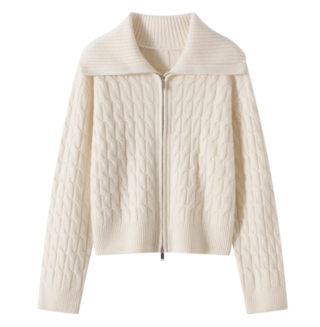 2025秋冬新款加厚100%纯羊毛衫女扭花翻领双拉链开衫外套针织毛衣