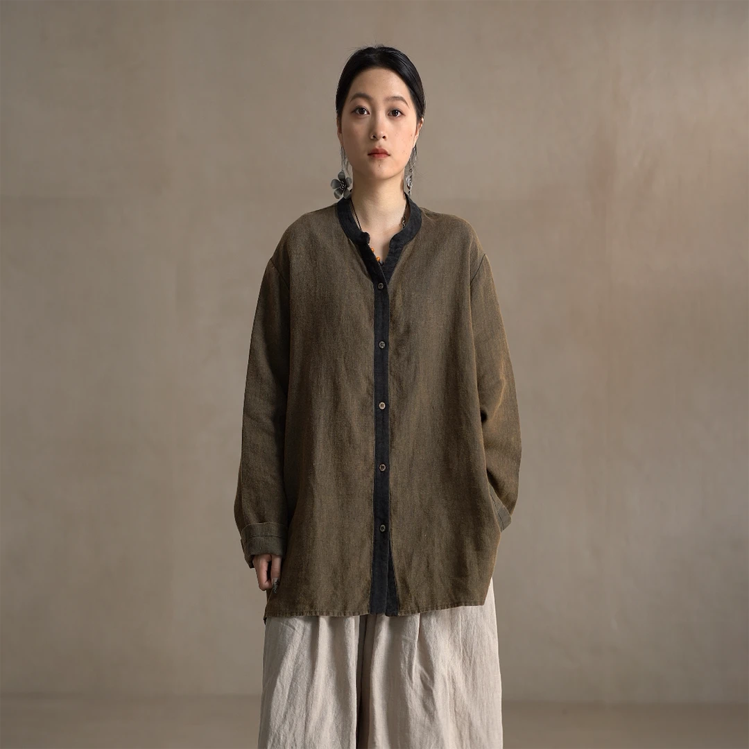 【以之】设计师品牌原创V领拼色亚麻小衫复古宽松显瘦大码上衣女