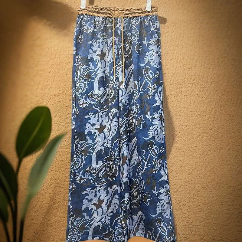 【香云阁】2025春夏新款新中式青花瓷时尚直筒休闲阔腿裤