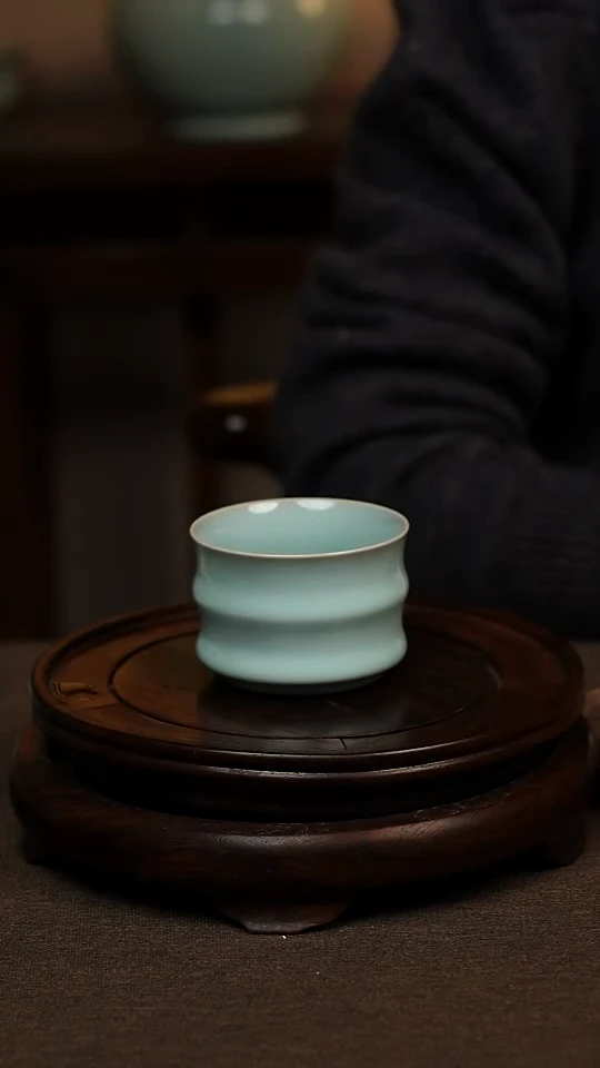 瓷片天青色全手工竹节杯100ml微瑕不带礼盒
