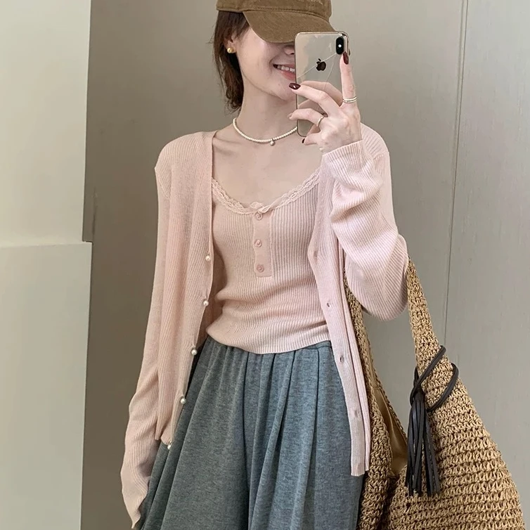 9063#花边吊带两件套春夏2025新款甜美气质简约风针织衫套装女新