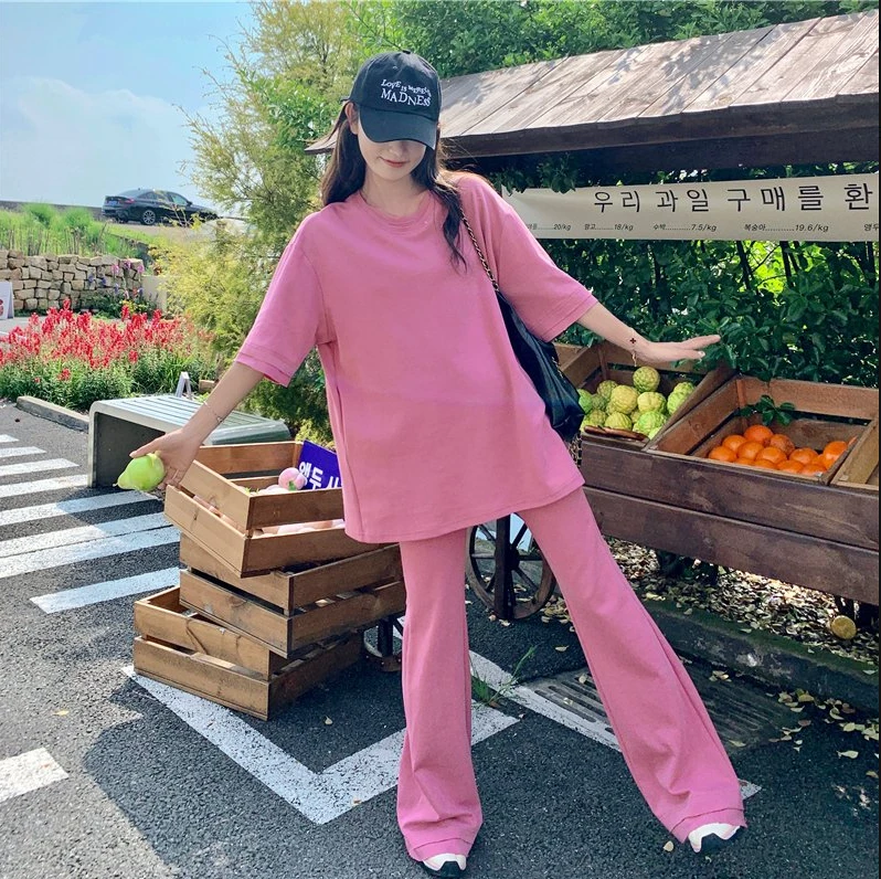 时尚洋气玫粉色休闲T恤 喇叭裤套装女夏季2025新款气质休闲两件套