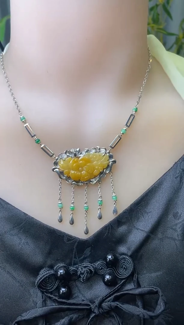 颈饰银S925镶嵌翡翠净货15409