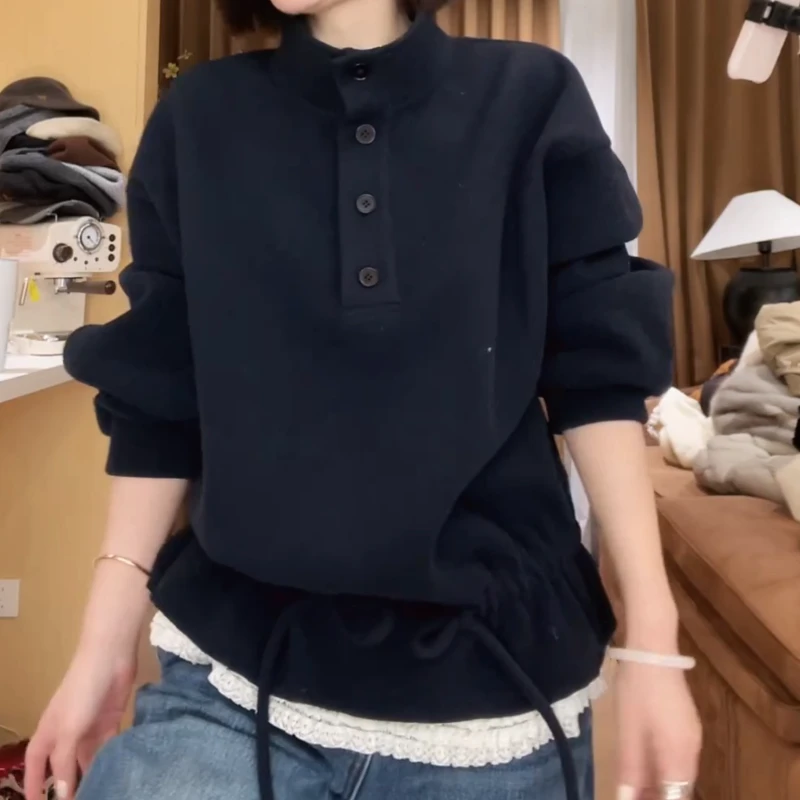 冬季韩版冬款极简百搭四粒扣抽绳下摆撞色卫衣LK2509113