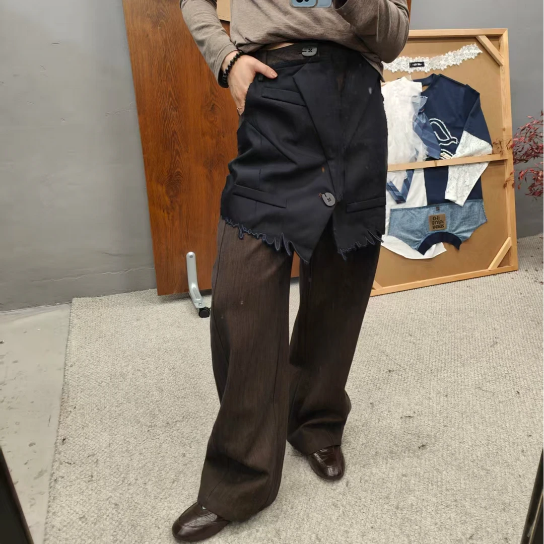 带裙子设计的裤子咖色直筒秋冬厚款宽松牛仔裤休闲裤花纹4010