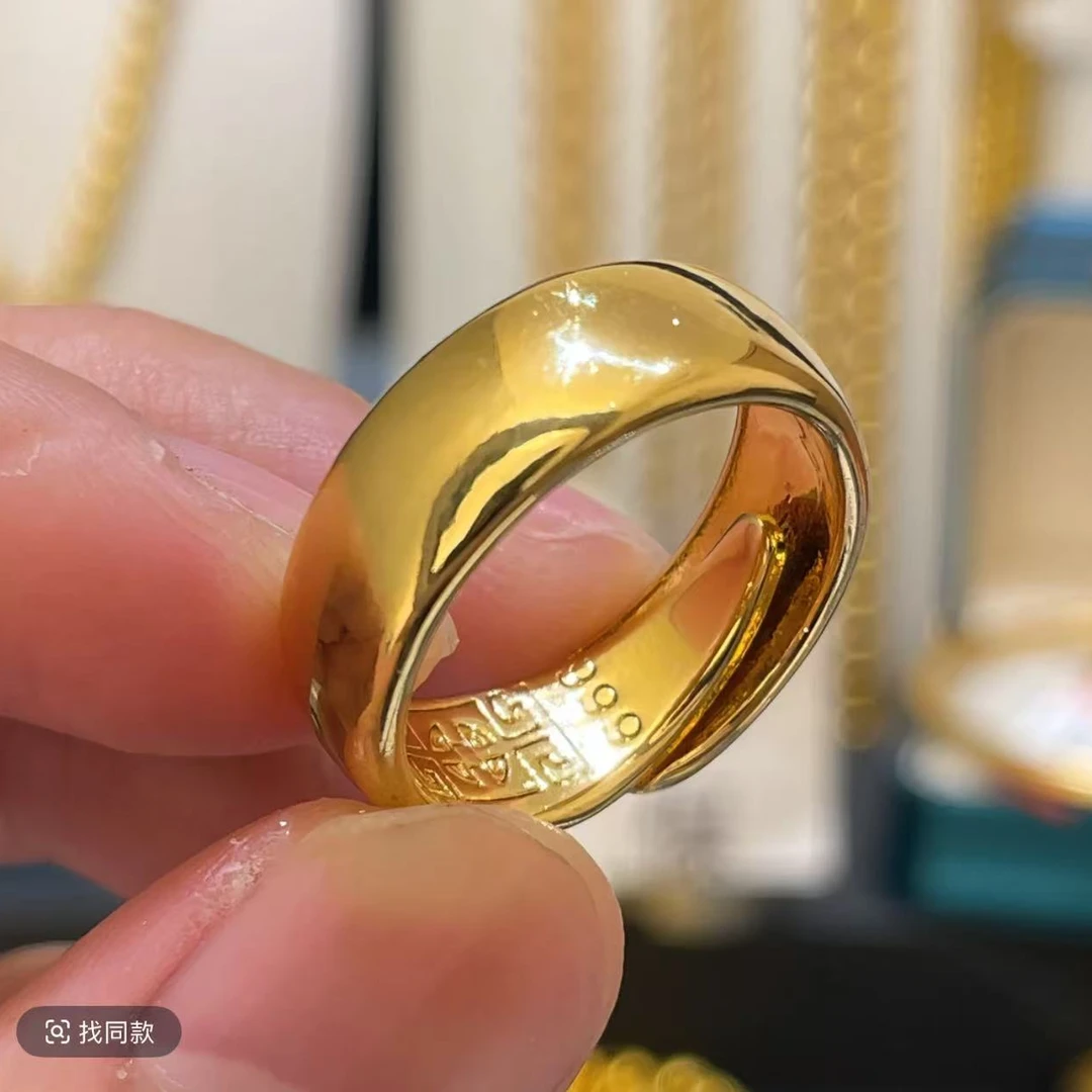 合金戒指 【亮面开口戒指】时尚情侣古法经典金色中古光面