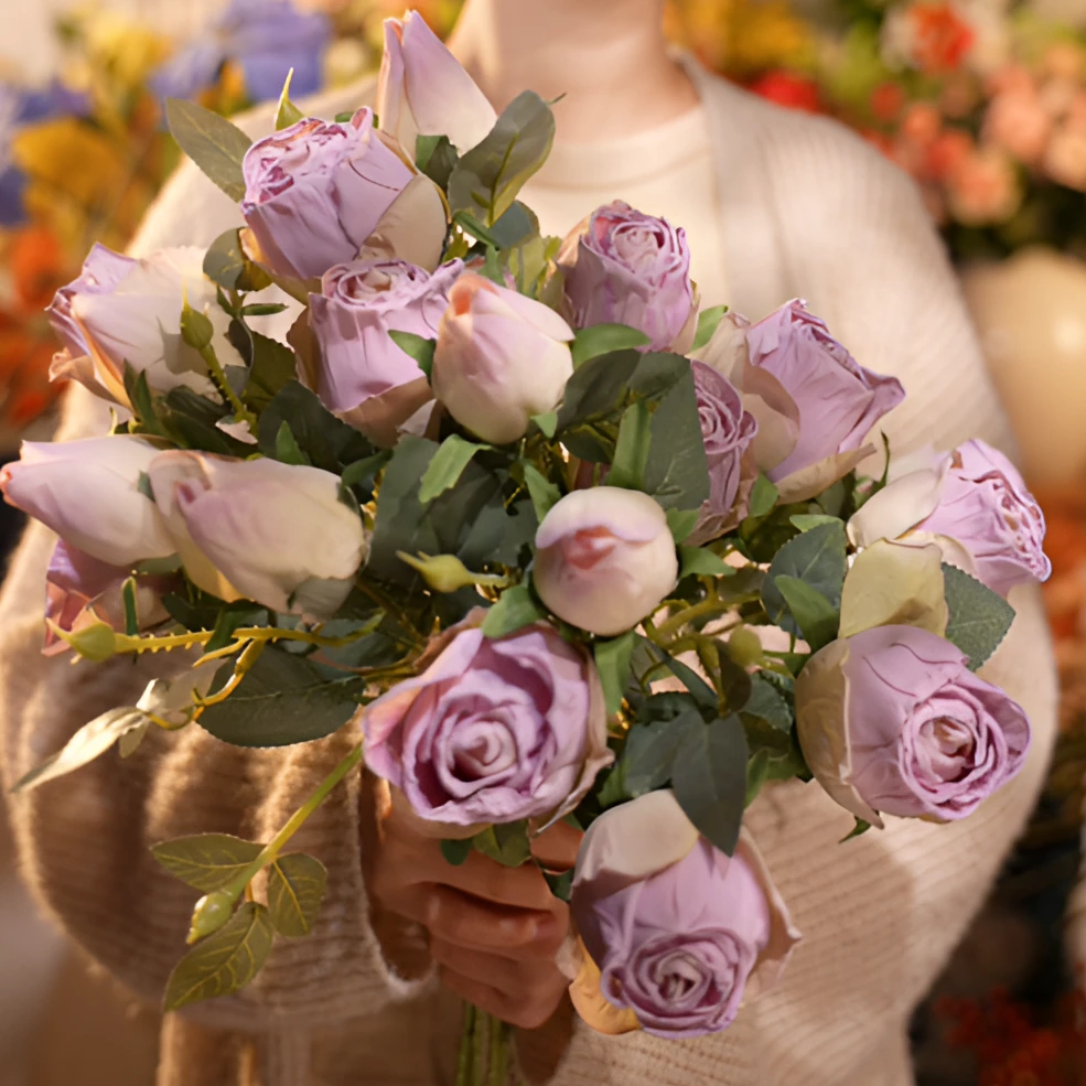 淡紫色 玫瑰花 焦边玫瑰花餐桌花 奶油风简约风 仿真花