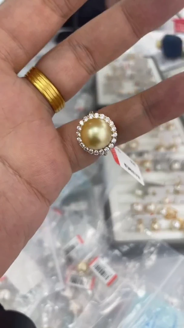 银S925镶嵌戒指海水珍珠金珠