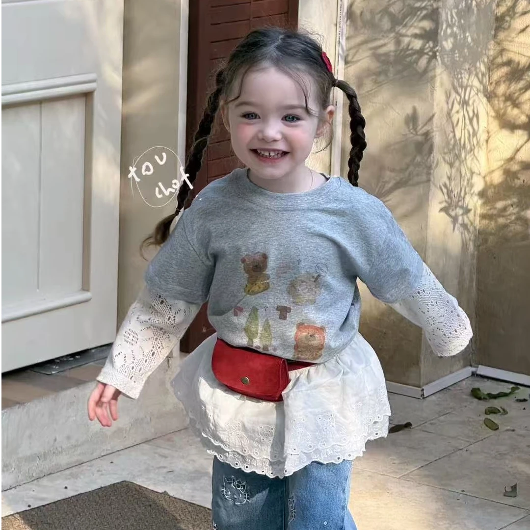 【TF】2025春款女童韩版甜酷小熊蕾丝长袖T恤百搭凯蒂猫绣花牛仔裤