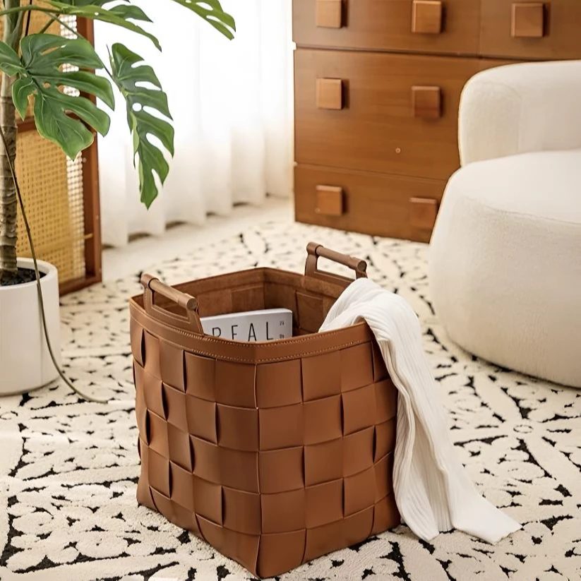 琥铂橙马鞍革皮质纯手工编织收纳篮脏衣篓卧室衣帽间赠送飞马挂件