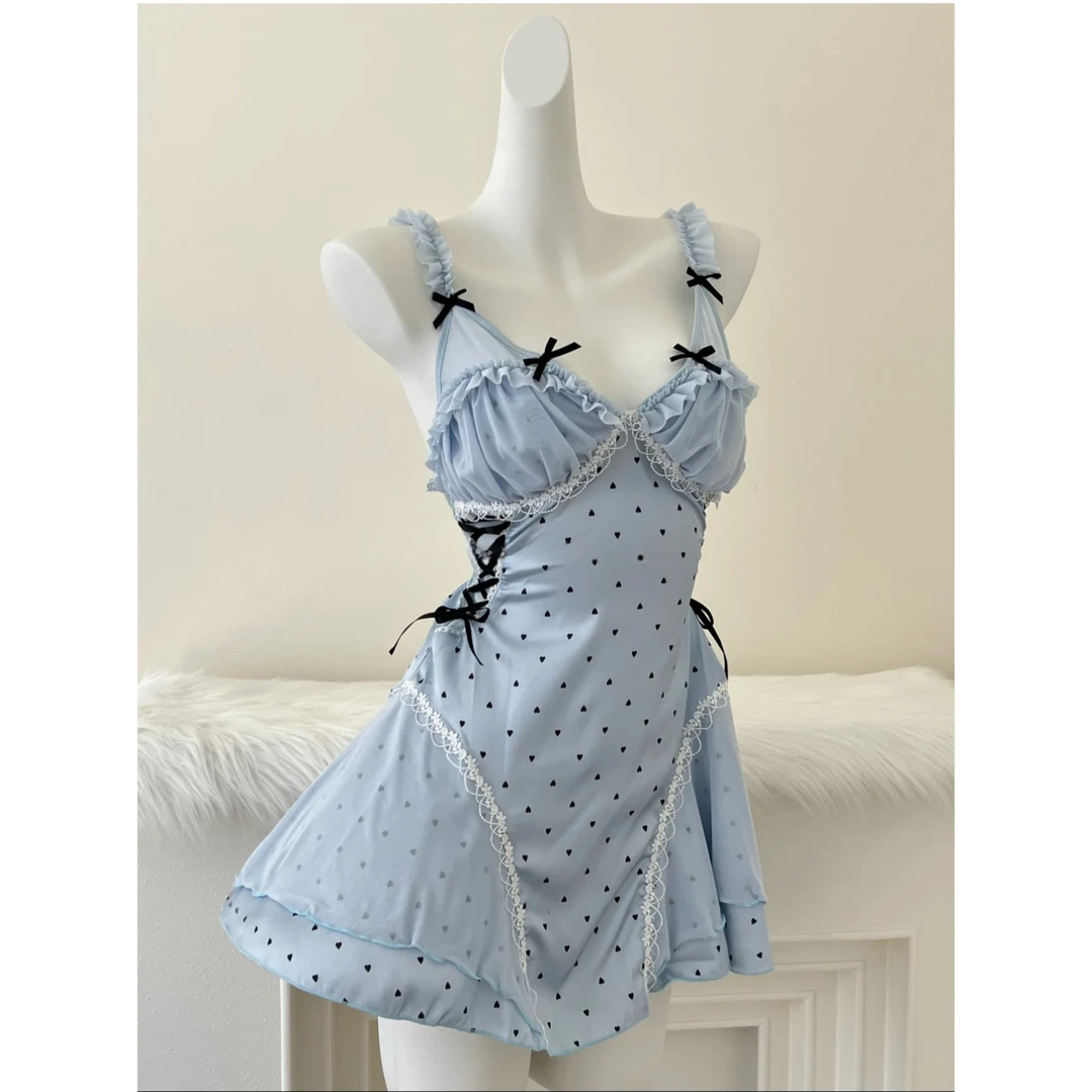 【欲蓝软妹】纯欲风带胸垫吊带睡裙法式蕾丝镂空收腰显瘦甜美睡衣女