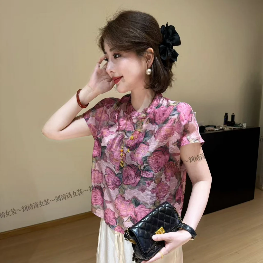 5108【花想容】诗诗家2025夏季玫瑰花色印染显瘦流行碎花包袖上衣