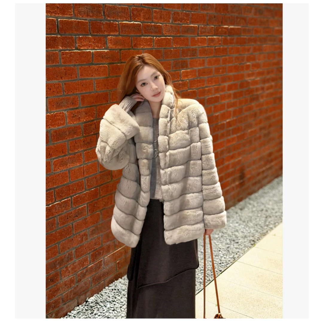 QIXIAOYAO.皮草丝绒青紫蓝兔皮毛一体皮草外套冬季新#YTSY6169-9