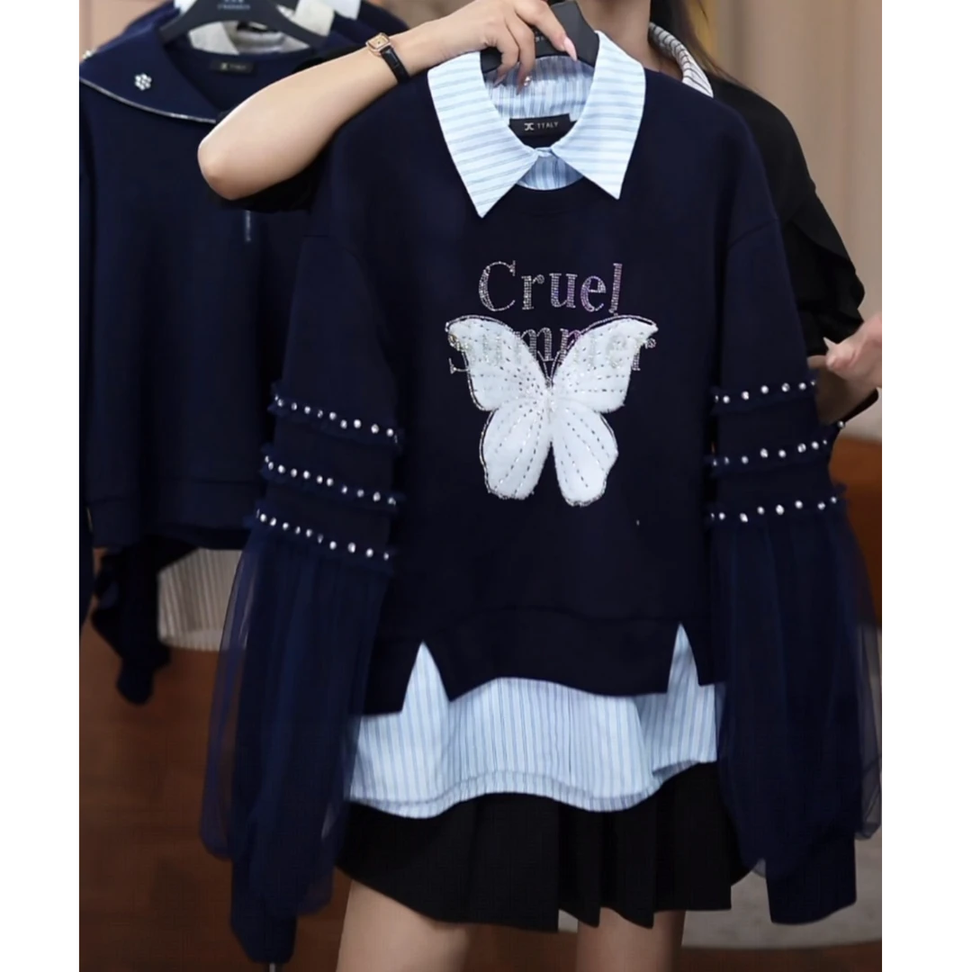 撞色条纹POLO领拼接假两件卫衣2025秋季新款洋气减龄重工蝴蝶上衣