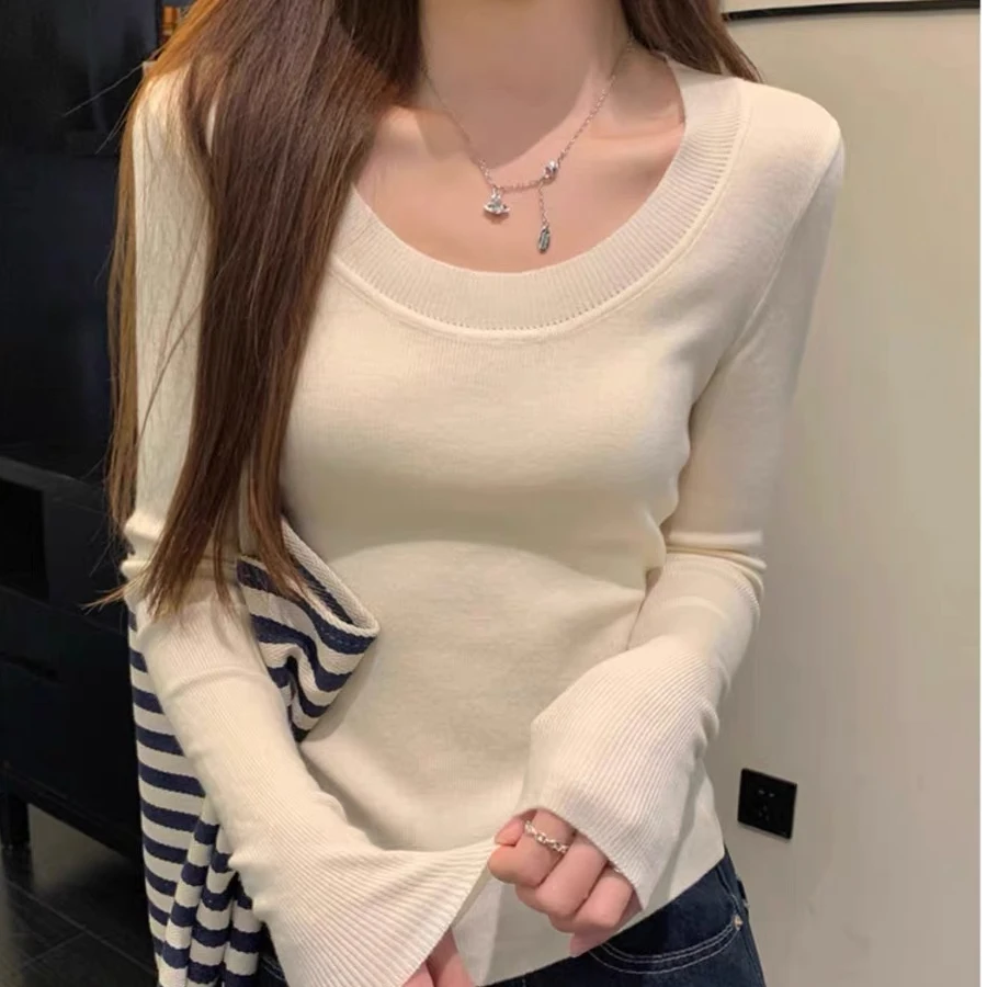 春秋装低圆领针织衫内搭女修身显瘦露锁骨设计毛衣打底衫上衣