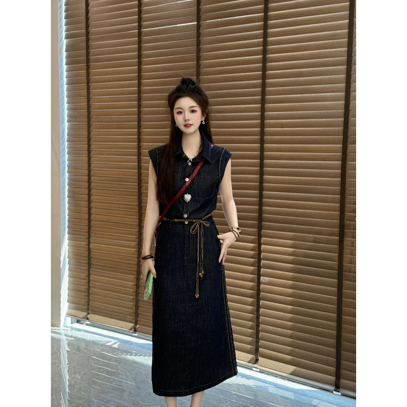 宿慕SUMU夏季气质牛仔连衣裙2025新款显瘦收腰舒适洋气牛仔连衣裙