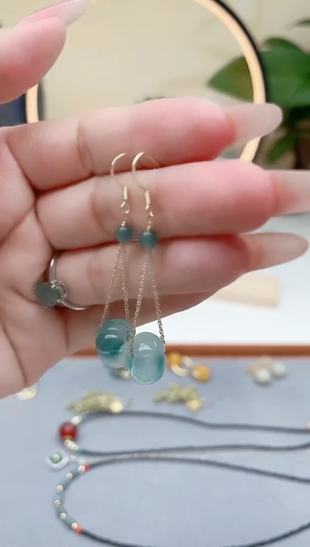 石英质玉（天山翠）银S925镶嵌耳饰00南瓜蓝水飘花