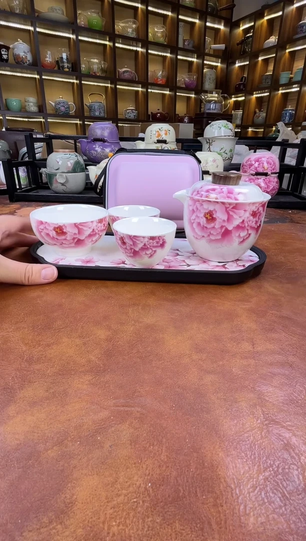 瓷片白瓷粉色牡丹旅行+长方粉色花朵盘