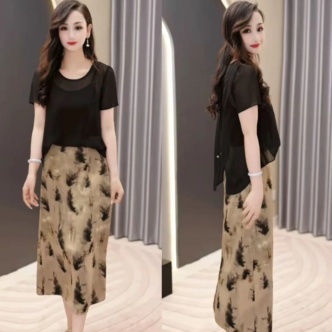 1072-显瘦休闲通勤假两件宽松印花时尚连衣裙