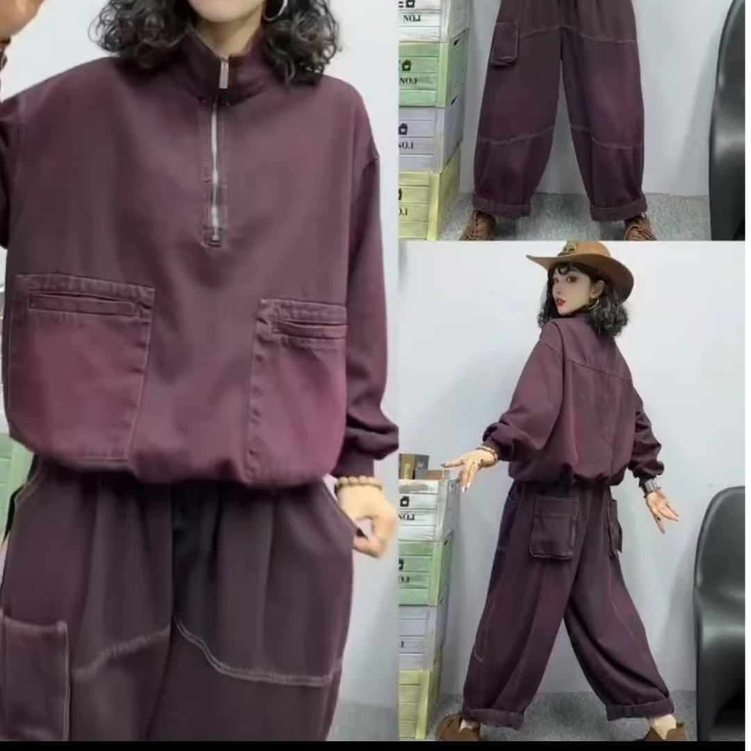 【依然美】拉链领新春款休闲时尚高级水洗炒色软软牛仔抽绳衣边卫衣