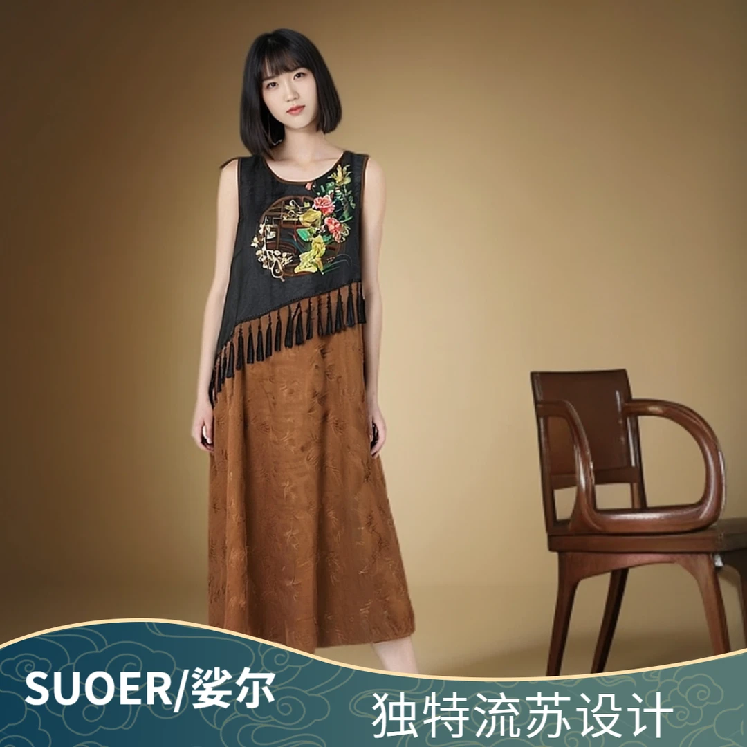 【娇娇美娇】娑尔纱馥窗花刺绣流苏连衣裙SJ1LB03459