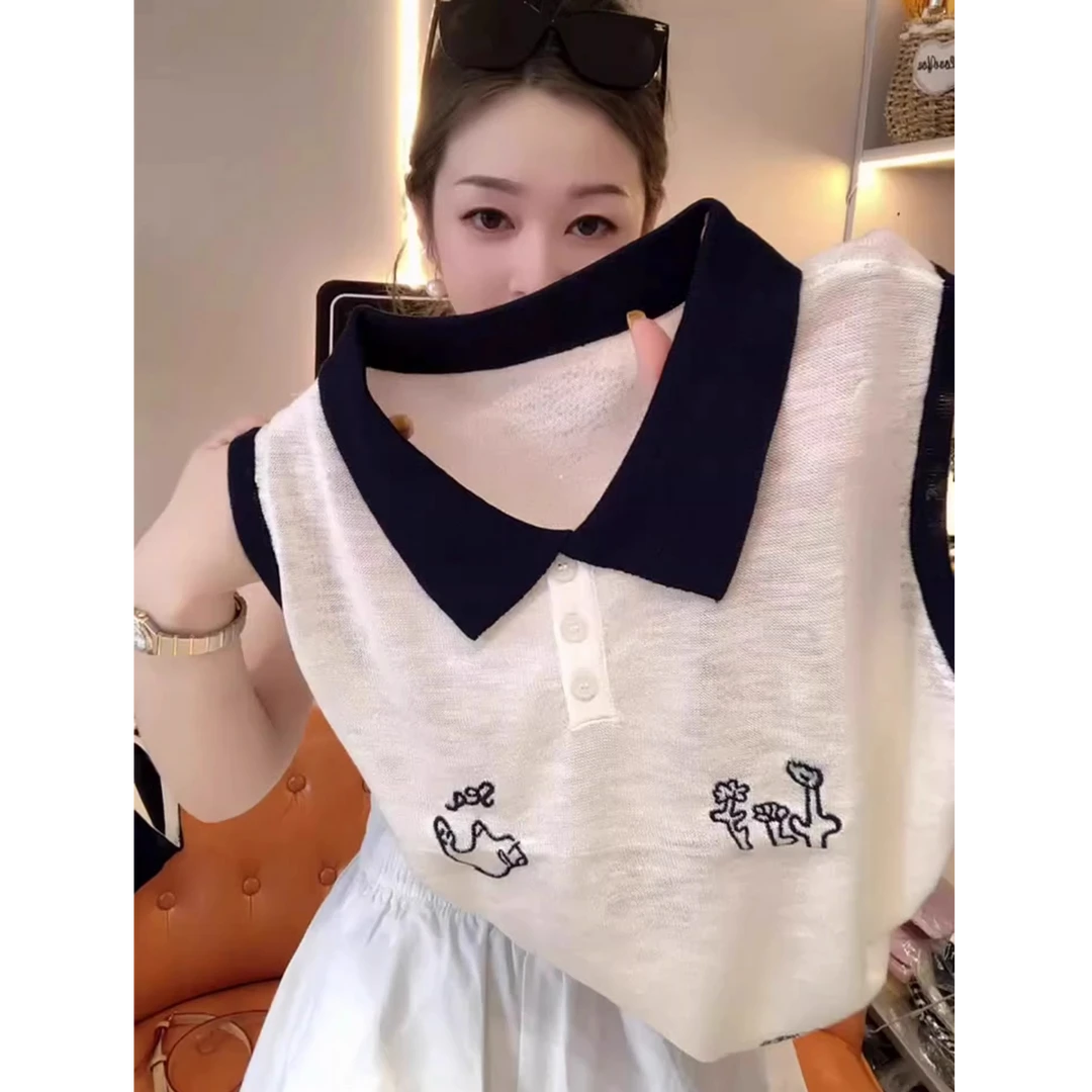 芊芊芙欧货气质百搭白色polo领无袖上衣新款百搭通勤t恤2025年夏