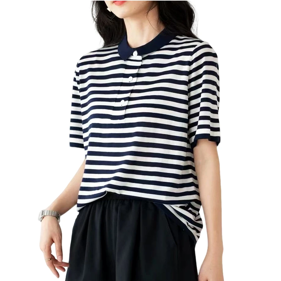 新款【桑蚕丝+莱赛尔】条纹简约polo领百搭宽松短袖针织衫韩版上衣