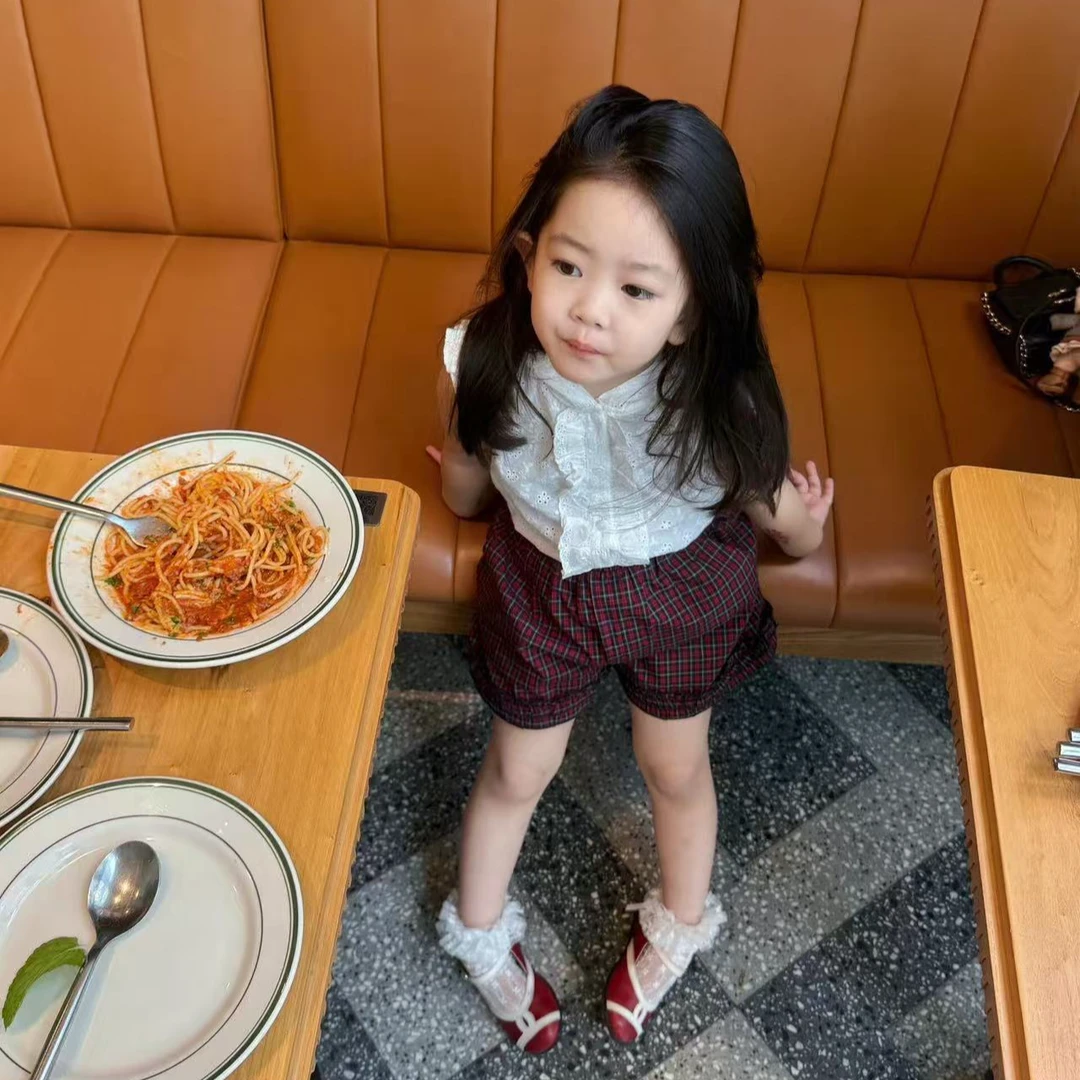 壹妈韩范童装女童时髦套装夏季新款洋气时尚女宝连帽背心格子短裤