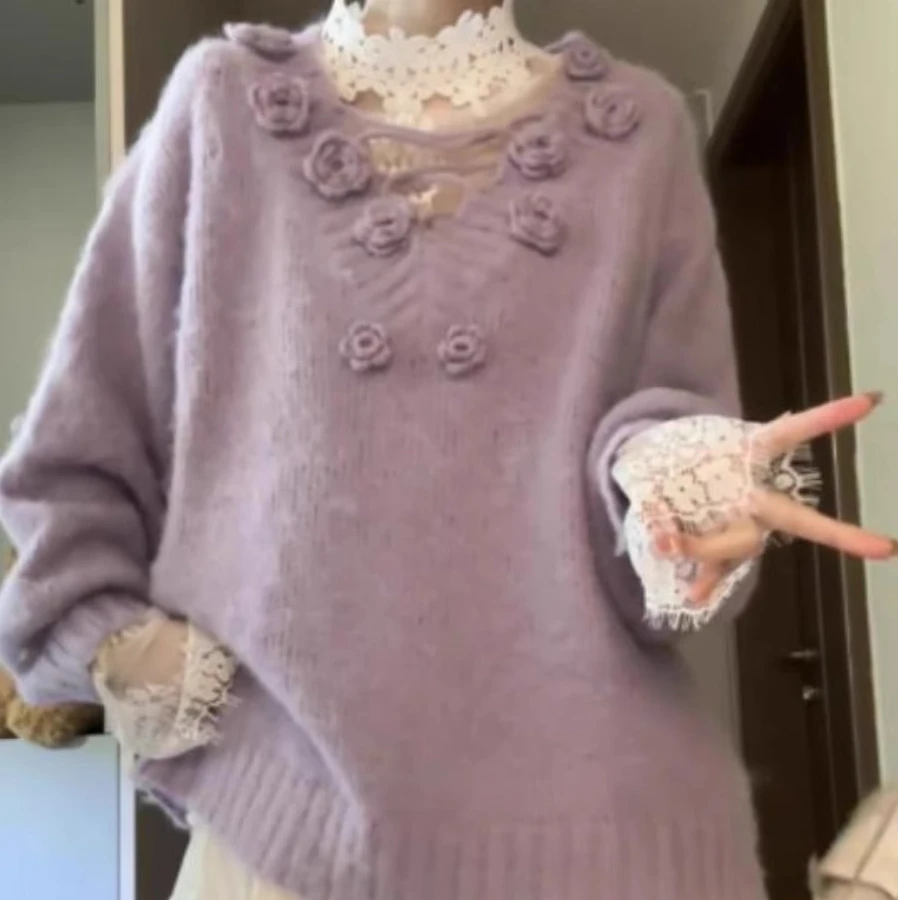 高级感立体花朵圣诞紫色V领毛衣女秋冬慵懒风软糯宽松针织衫外套