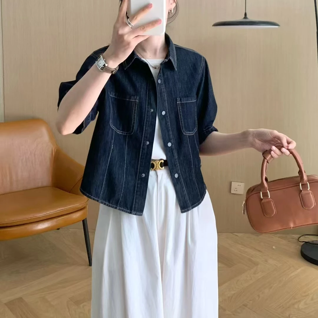 K3300 显瘦小黑扣压明线轻复古牛仔短袖衬衫外套 Q959-709