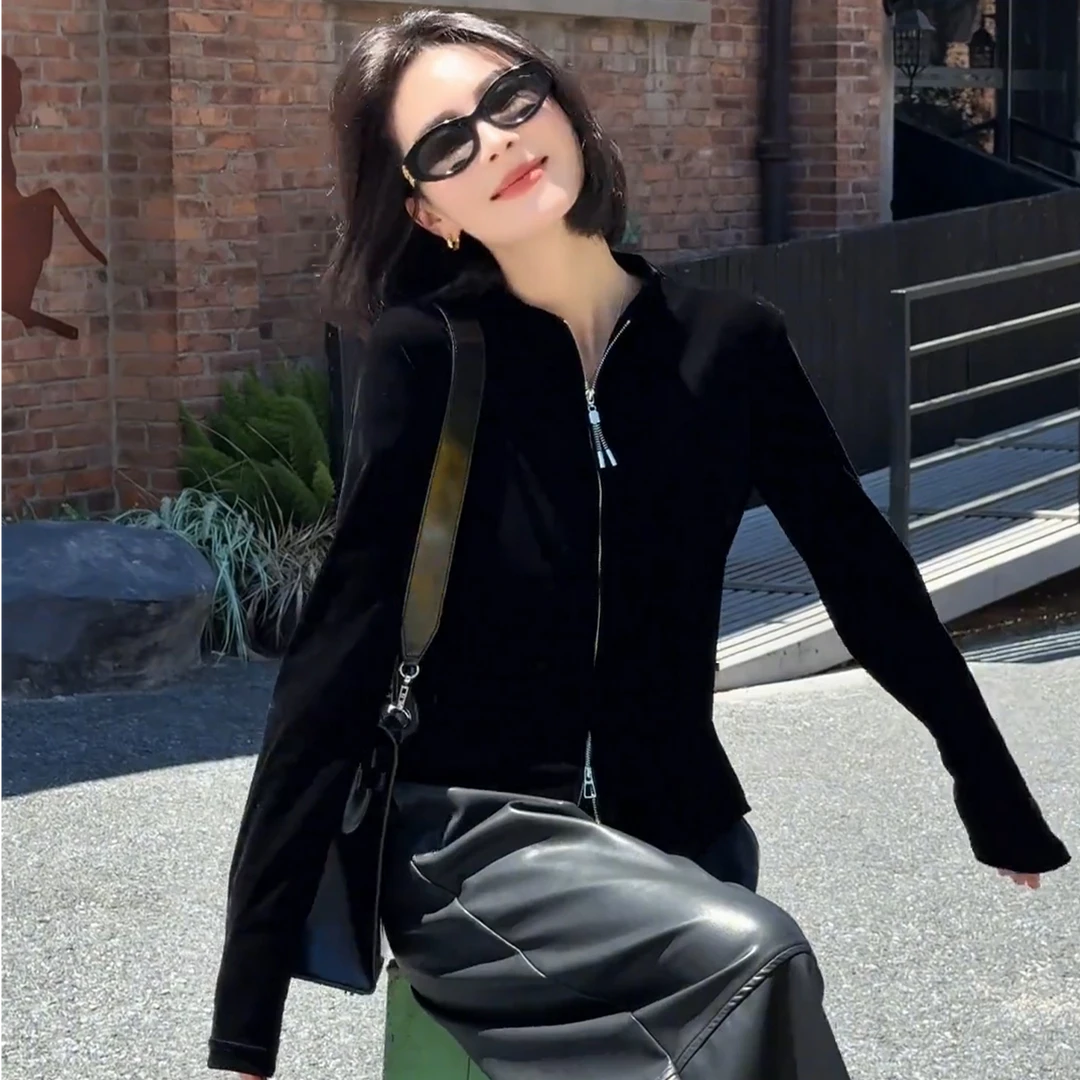 黑色双拉链丝绒外套女2025秋季新款修身显瘦时尚休闲洋气百搭上衣