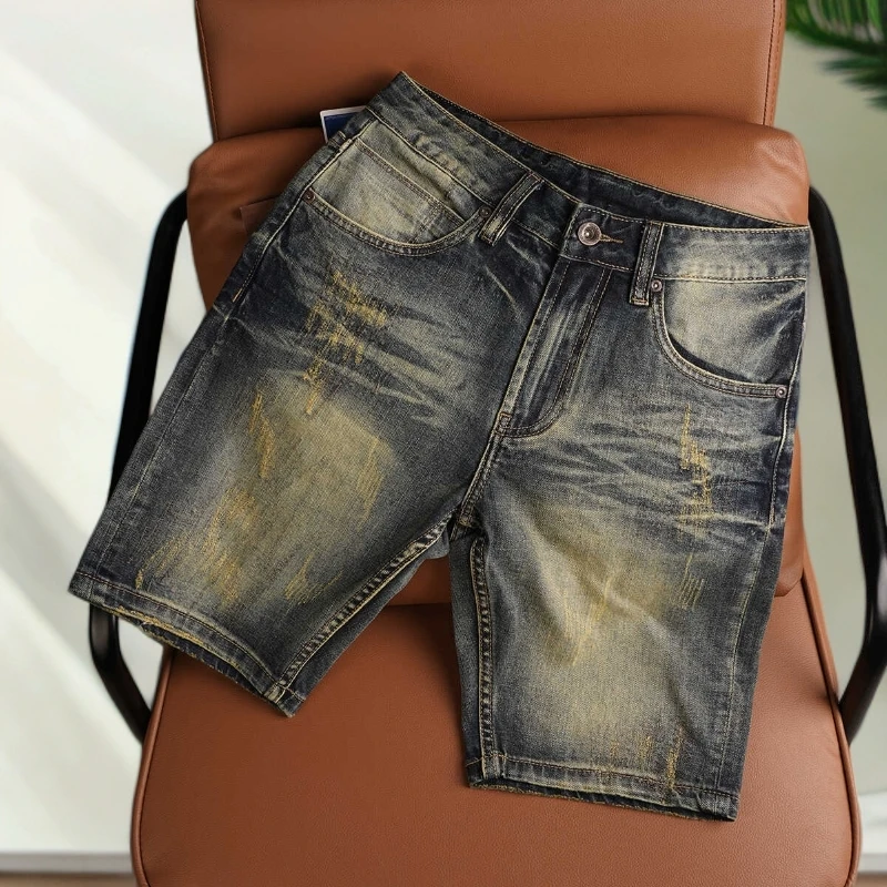 符腾野堡马夏季新款潮牌弹力五分裤美式复古潮流水洗牛仔短裤男士