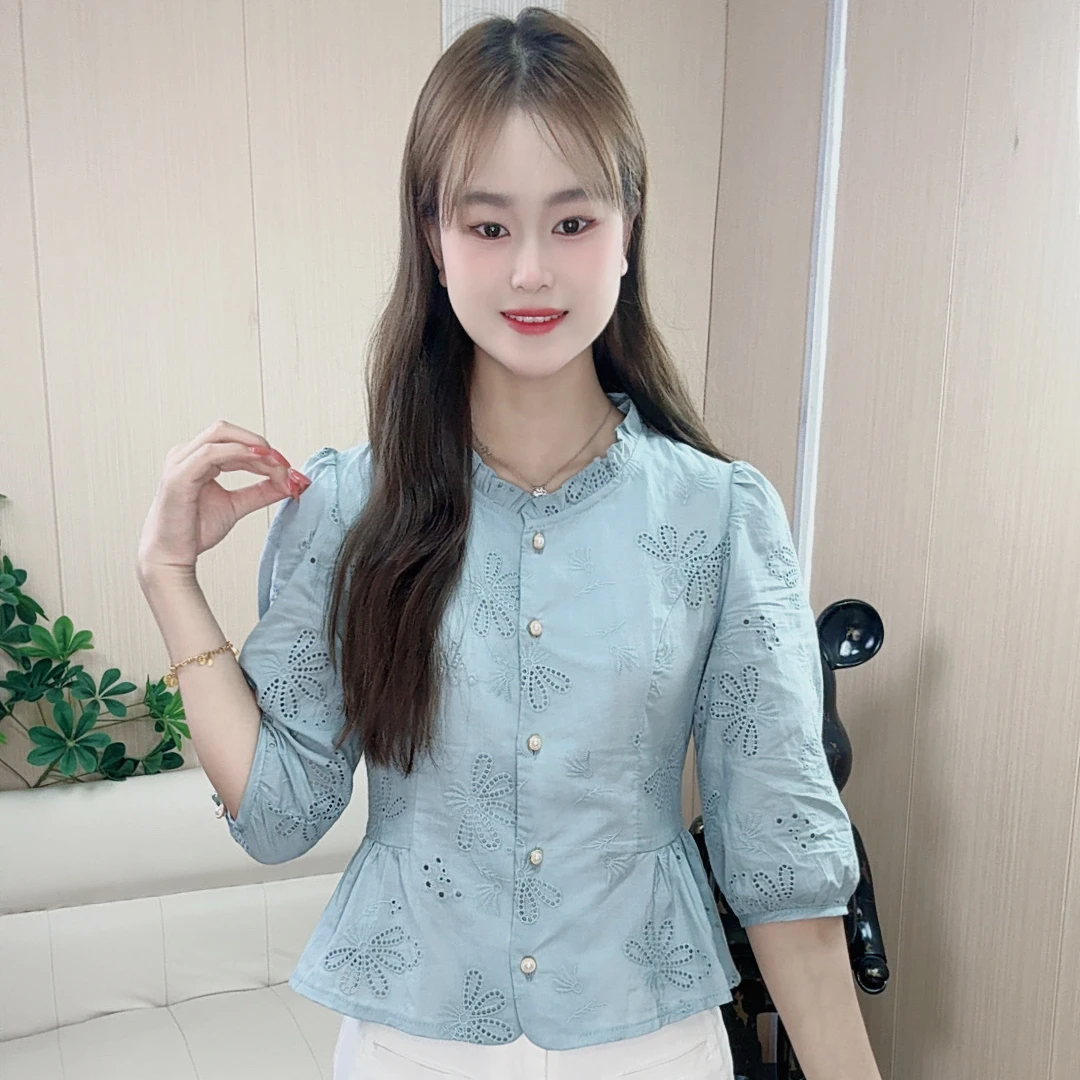玲妹妹 【叶落花边】早秋新款法式花边玲镂空设计感减龄显瘦衬衫女