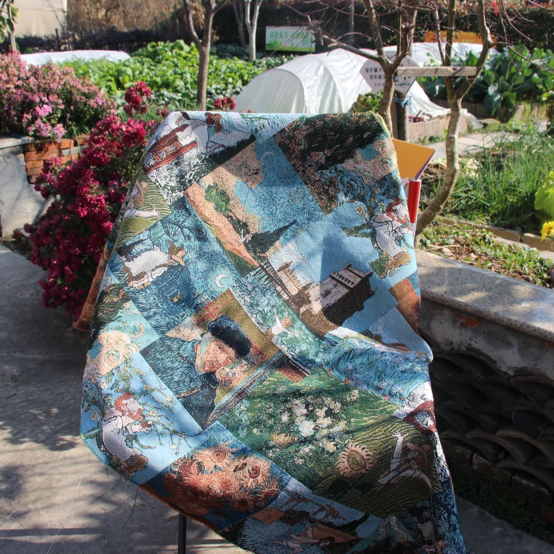 梵高拼图绿提花布面料民族风蒲团榻榻米实木坐垫椅垫套子