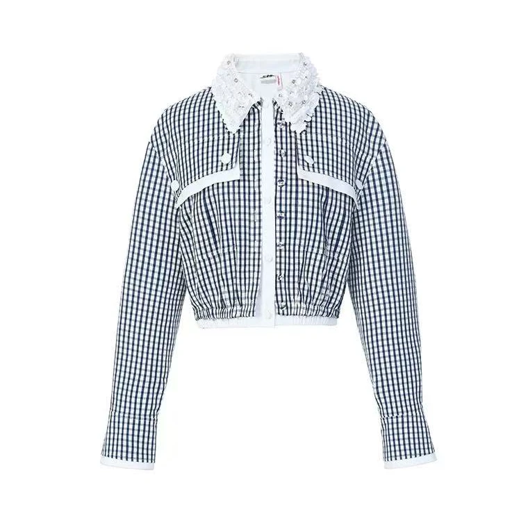 LeFame/拉飞姆LeFame25钉珠假两件蓝白格子衬衫外套FF25C41SC125
