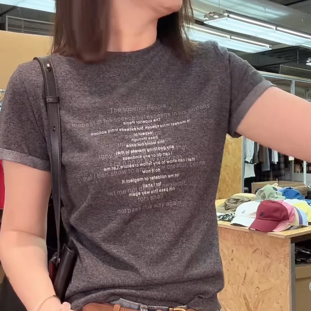 简约字母印花圆领正肩短袖T恤女装2025夏季新款休闲修身显瘦上衣