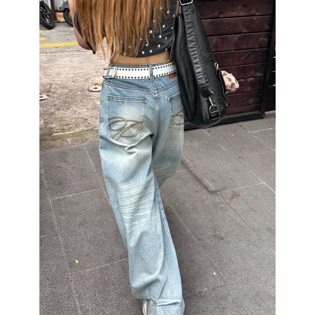 美式复古口袋刺绣牛仔裤女夏季新款宽松高腰显瘦阔腿裤拖地长裤子