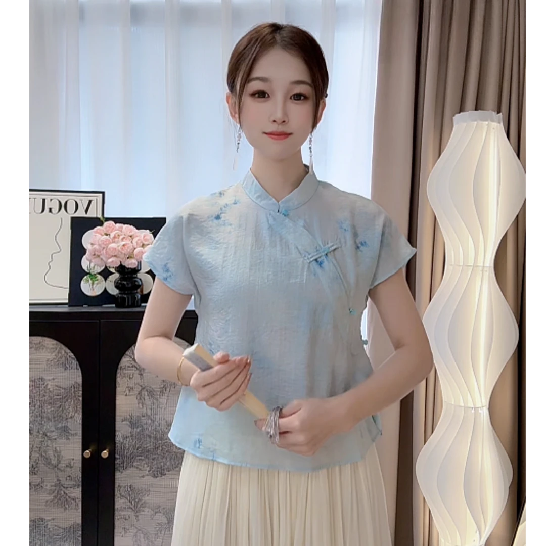 新中式国风上衣复古减龄气质衬衣女夏季斜襟盘扣蓝色小衫9657