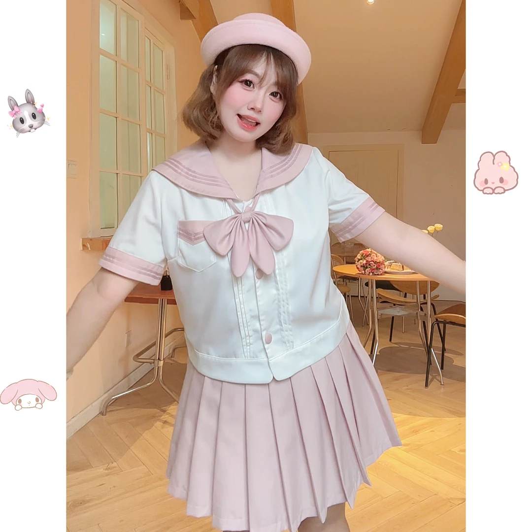 【现货】【樱川学妹】大码甜妹夏新款海军领蝴蝶结上衣+百褶裙套装