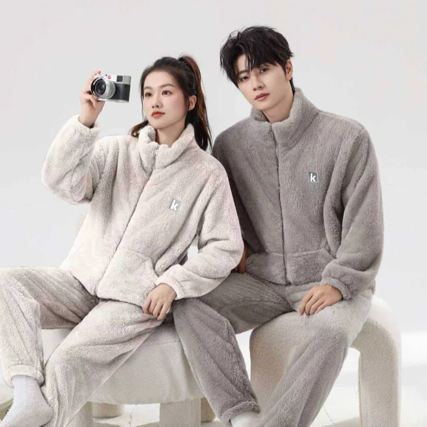 【男女同款】双面绒睡衣秋冬雪花绒拉链可外穿情侣家居服加厚套装