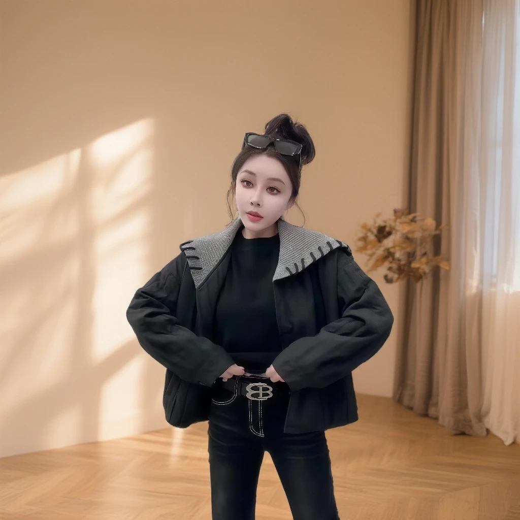 秋季新款2025海军领短款网红宽松型黑色棉服二棉秋冬常规保暖