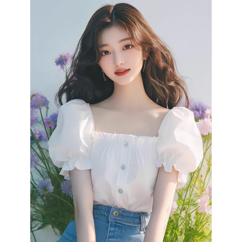 今年流行漂亮独特气质小衫法式洋气减龄白色方领泡泡袖衬衫女夏季