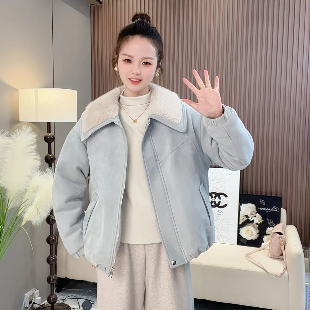 055款【新年战袍】冬季新品加绒加厚牛皮绒百搭翻领女外套时尚韩版