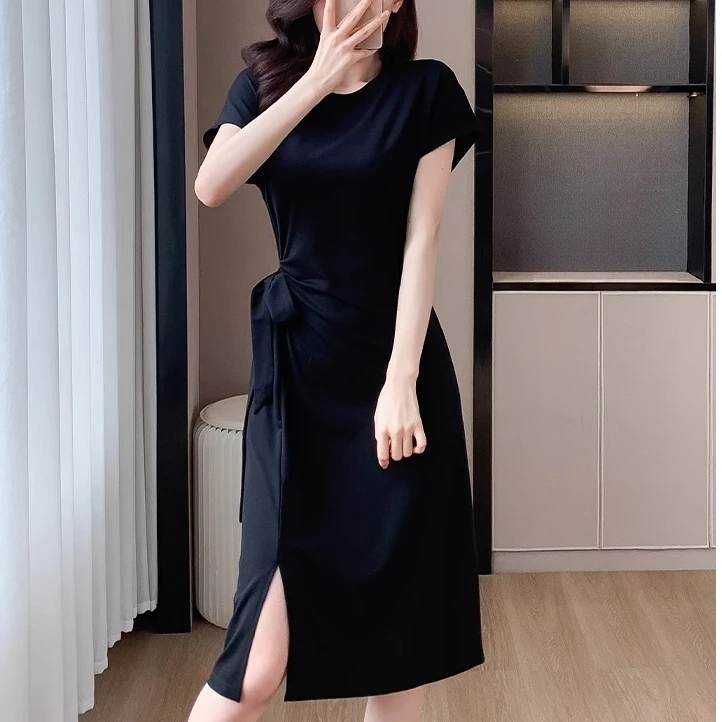 气质高级感黑色短袖T恤连衣裙女2025年夏季大码收腰遮肚欧货裙子