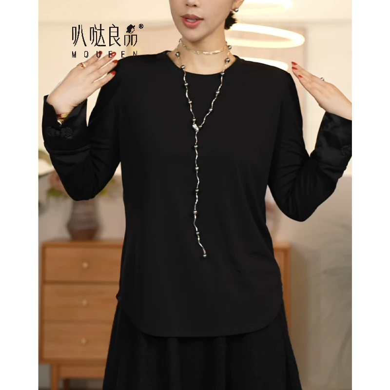 【叭哒不惑】温眠  纯色圆领长袖打底衫国风t恤袖口刺绣拼接上衣