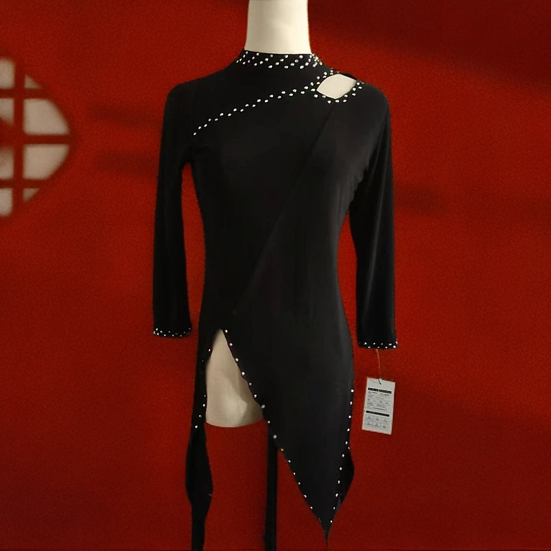 【浩婷雪娟】燕尾开叉爆款肩部镂空衫新款女士时尚长款长袖上衣黑色