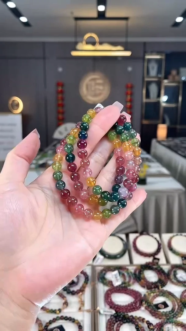 未镶嵌收藏级老矿碧玺色标彩虹三圈手串7mm+碧玺hon多样性发一条